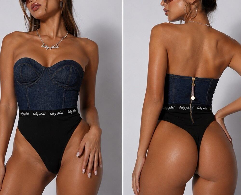 Baby Phat Y2K Denim Corset Bodysuit Plus 2X Strapless Logo Tank Tube Top NWT New